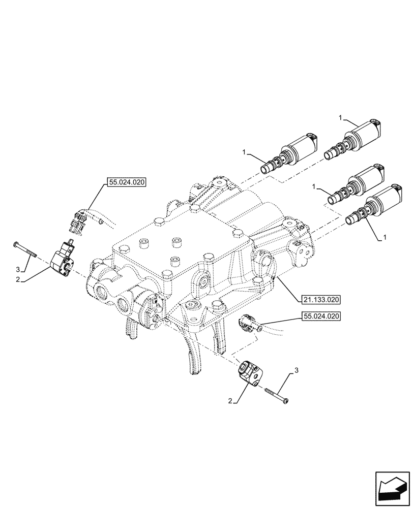 Схема запчастей Case IH FARMALL 120U - (55.024.070) - VAR - 334117, 334775, 334779, 334780, 390430 - TRANSMISSION, SEMI-POWERSHIFT, EXTERNAL CONTROL, VALVE, SOLENOID (55) - ELECTRICAL SYSTEMS