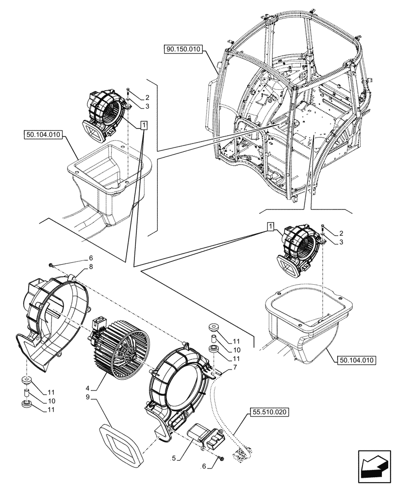 Схема запчастей Case IH FARMALL 120U - (55.050.090) - VAR - 332147, 339434 - HEATER, BLOWER (55) - ELECTRICAL SYSTEMS