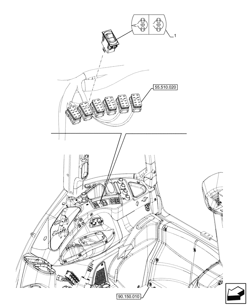 Схема запчастей Case IH FARMALL 120U - (55.542.020) - VAR - 332147, 335387, 339434, 391246 - SWITCH, ROCKER, DIFF. LOCK ASSY (55) - ELECTRICAL SYSTEMS