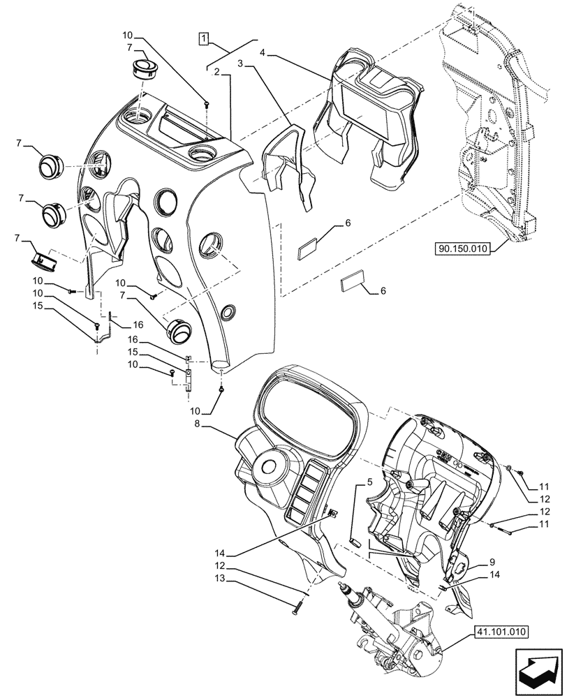 Схема запчастей Case IH FARMALL 110U - (90.151.190) - VAR - 332147, 339434 - INSTRUMENT PANEL, CONSOLE (90) - PLATFORM, CAB, BODYWORK AND DECALS