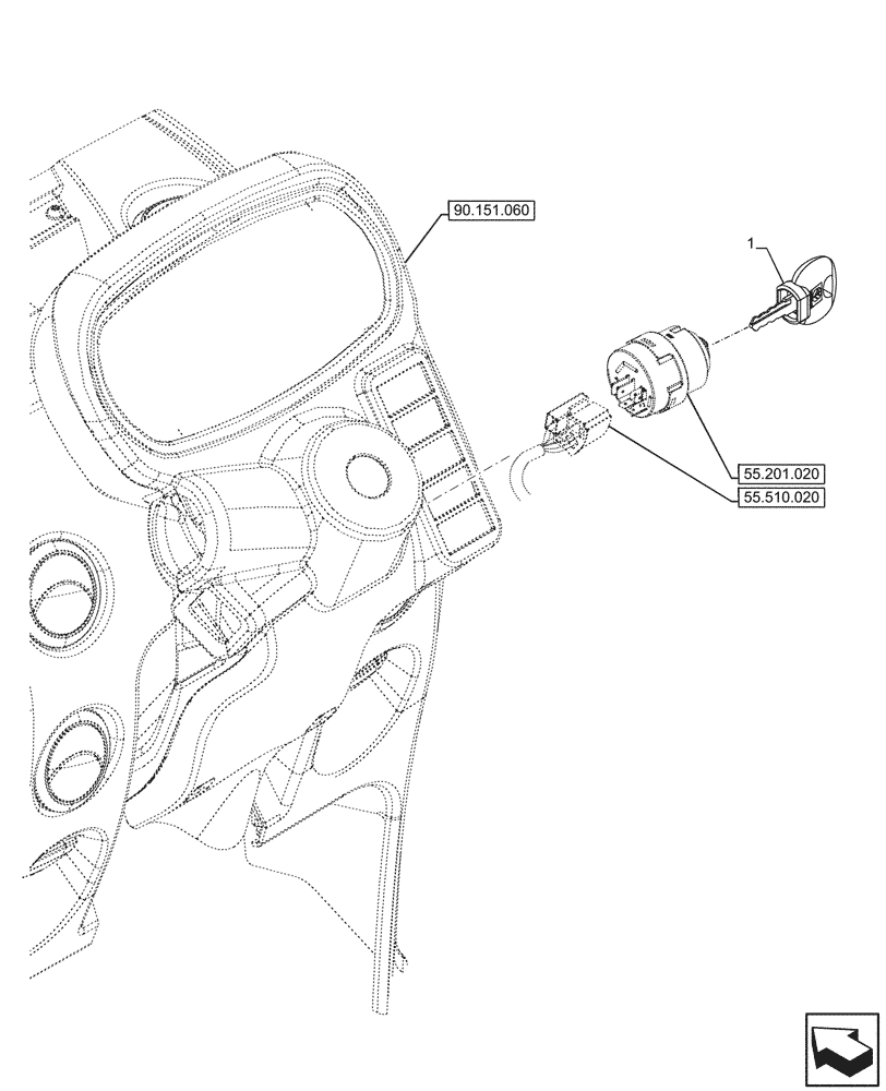 Схема запчастей Case IH FARMALL 120U - (55.201.090) - VAR - 332147, 339434 - IGNITION KEY (55) - ELECTRICAL SYSTEMS