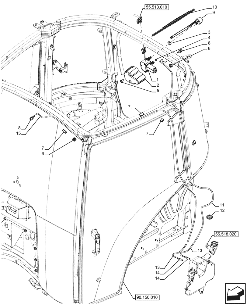 Схема запчастей Case IH FARMALL 120U - (55.518.090) - VAR - 332147, 339434 - WINDOW, WIPER MOTOR, HOSE, ARM, BLADE (55) - ELECTRICAL SYSTEMS