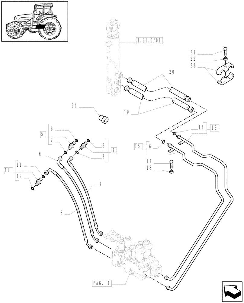 Схема запчастей Case IH MAXXUM 115 - (1.21.2/01[02]) - (CL.4) SUSPENDED FRONT AXLE W/MULTI-PLATE DIFF. LOCK - PIPES - C6385 (VAR.330429-330430) (03) - TRANSMISSION