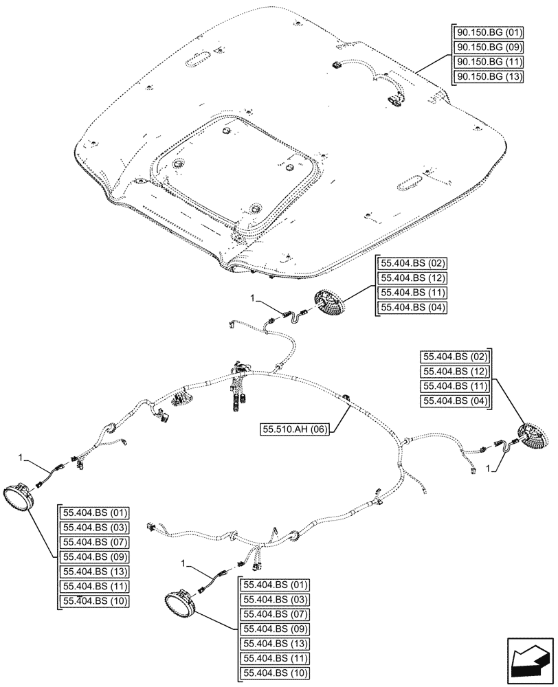Схема запчастей Case IH MAXXUM 150 - (55.511.AA[04]) - VAR - 390661 - CAB ROOF, LOW PROFILE ROOF, HARNESS, EXTENSION (55) - ELECTRICAL SYSTEMS