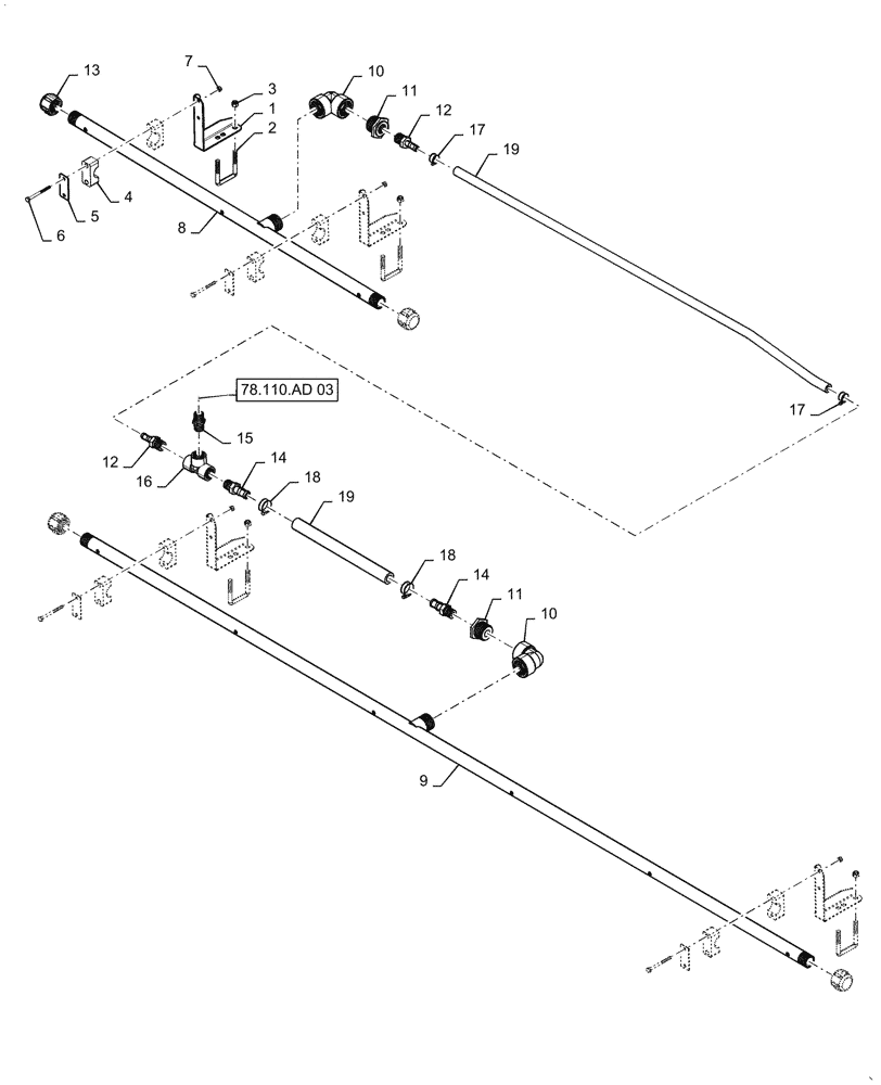 Схема запчастей Case IH PATRIOT 3240 - (78.110.AE[19]) - SPRAYBAR, 100, 6 SECTION, LO FLOW, 20" SPACING, LH OUTER AND BREAKAWAY (78) - SPRAYING