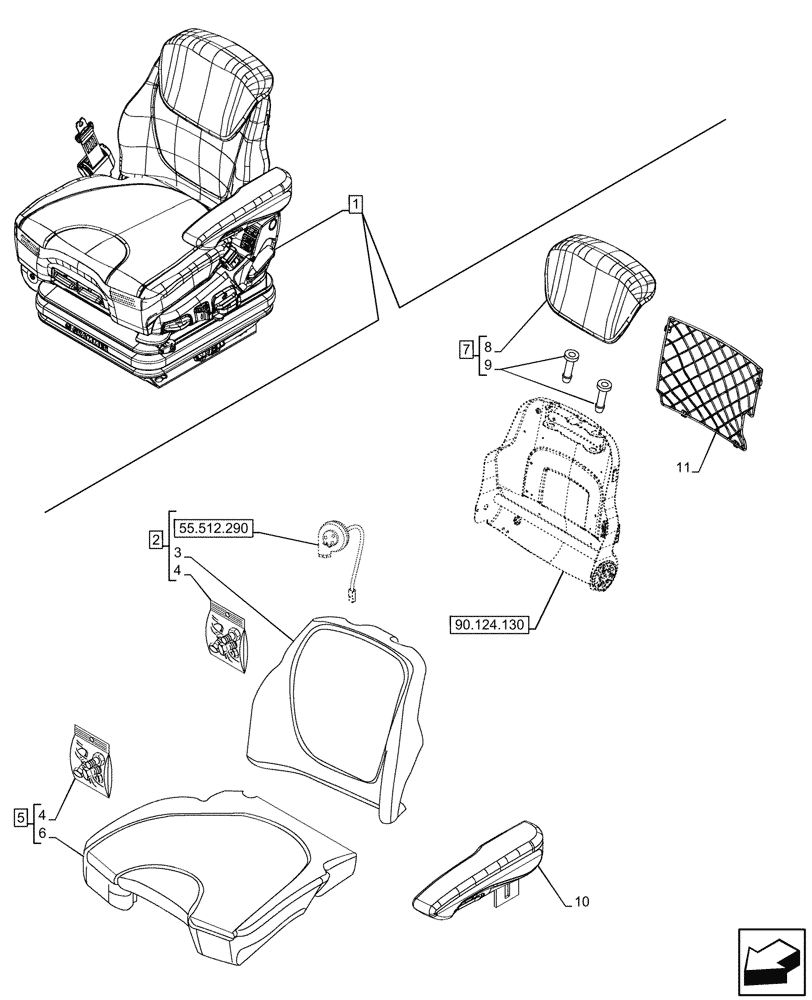 Схема запчастей Case IH OPTUM 270 CVT - (90.124.120) - VAR - 758789 - SEAT, AIR SUSPENSION, COMFORT PACK 3, CUSHION, ARMREST (90) - PLATFORM, CAB, BODYWORK AND DECALS