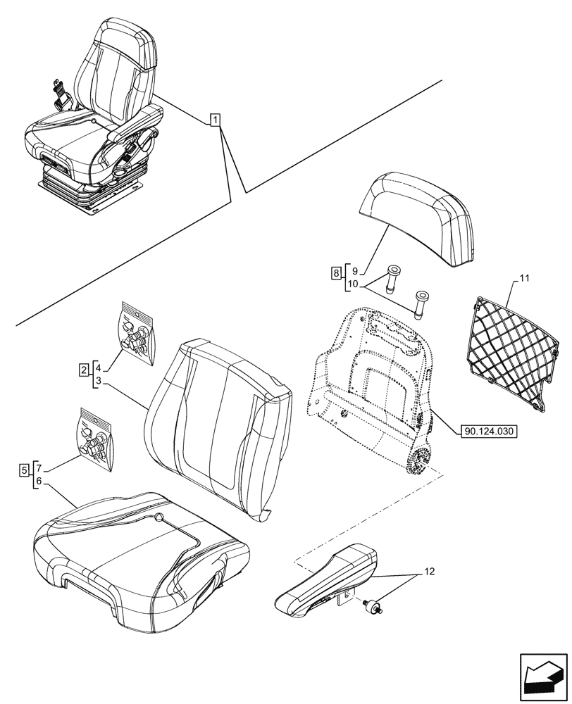 Схема запчастей Case IH OPTUM 270 CVT - (90.124.020) - VAR - 758787 - SEAT, AIR SUSPENSION, COMFORT PACK 1, CUSHION, ARMREST (90) - PLATFORM, CAB, BODYWORK AND DECALS