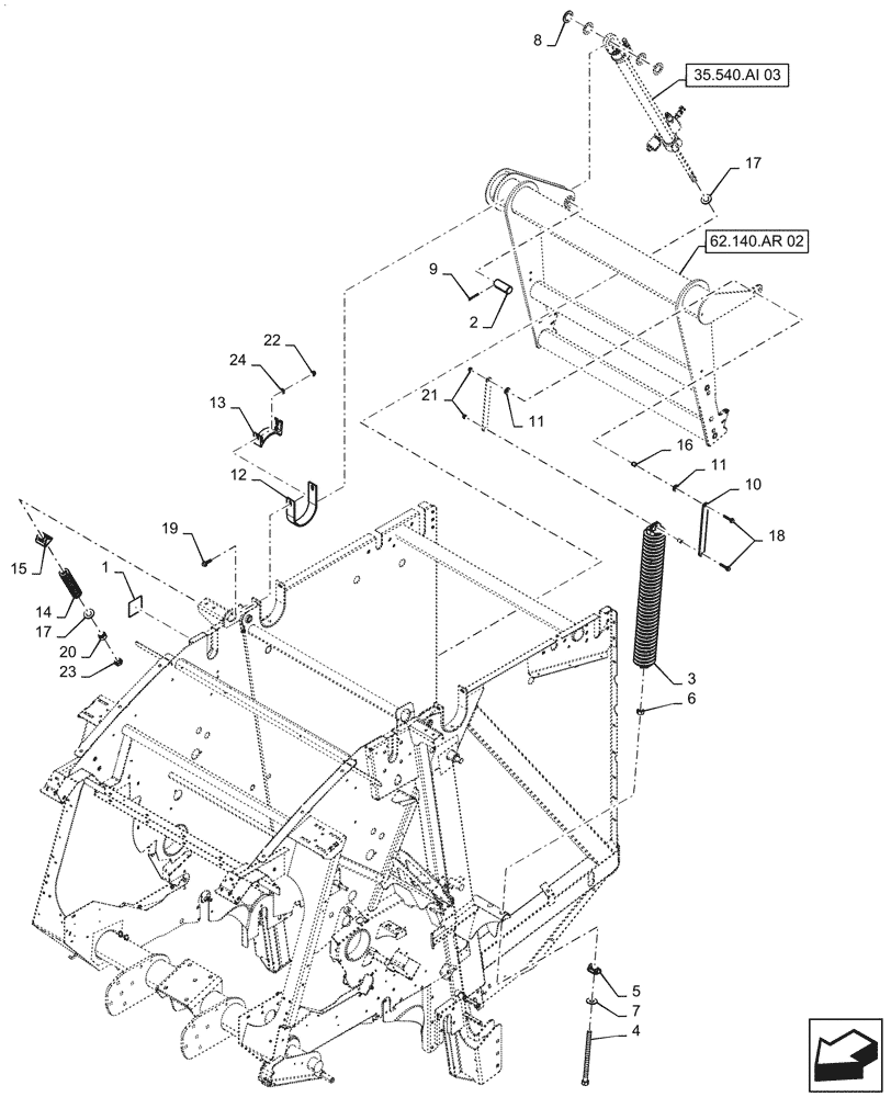 Схема запчастей Case IH RB455 - (62.140.AQ[14]) - VAR - 727159 - BALE TENSION TAKE UP ARM AND ONE SPRING, SINGLE HYD. CYLINDER, OVERSHOT FEEDER, IN CAB CONTROL, SILAGE ,YGN193203 AND AFTER (62) - PRESSING - BALE FORMATION