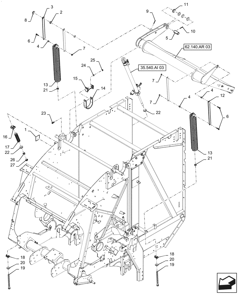 Схема запчастей Case IH RB465 - (62.140.AQ[17]) - VAR - 727159 - BALE TENSION TAKE UP ARM AND ONE SPRING, SINGLE HYD. CYLINDER, OVERSHOT FEEDER, IN CAB CONTROL, DRY HAY ,YGN193203 AND AFTER (62) - PRESSING - BALE FORMATION