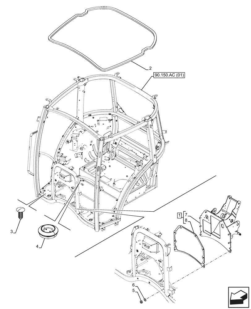 Схема запчастей Case IH FARMALL 110C - (90.150.AC[02]) - VAR - 334183, 334211, 391606, 743496, 743573, 744588 - CAB FRAME, SPARK ARRESTER (90) - PLATFORM, CAB, BODYWORK AND DECALS