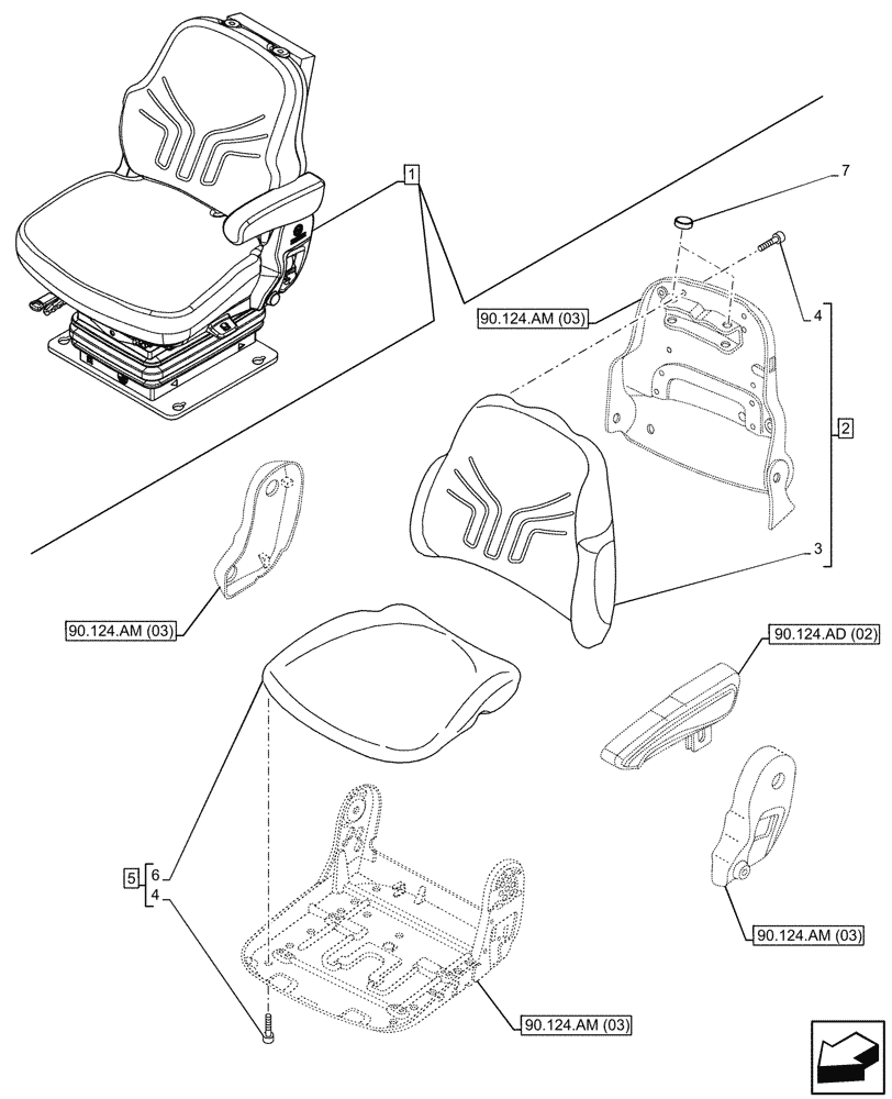 Схема запчастей Case IH MAXXUM 115 - (90.124.AH[02]) - VAR - 391283 - SEAT, AIR SUSPENSION, CUSHION (90) - PLATFORM, CAB, BODYWORK AND DECALS