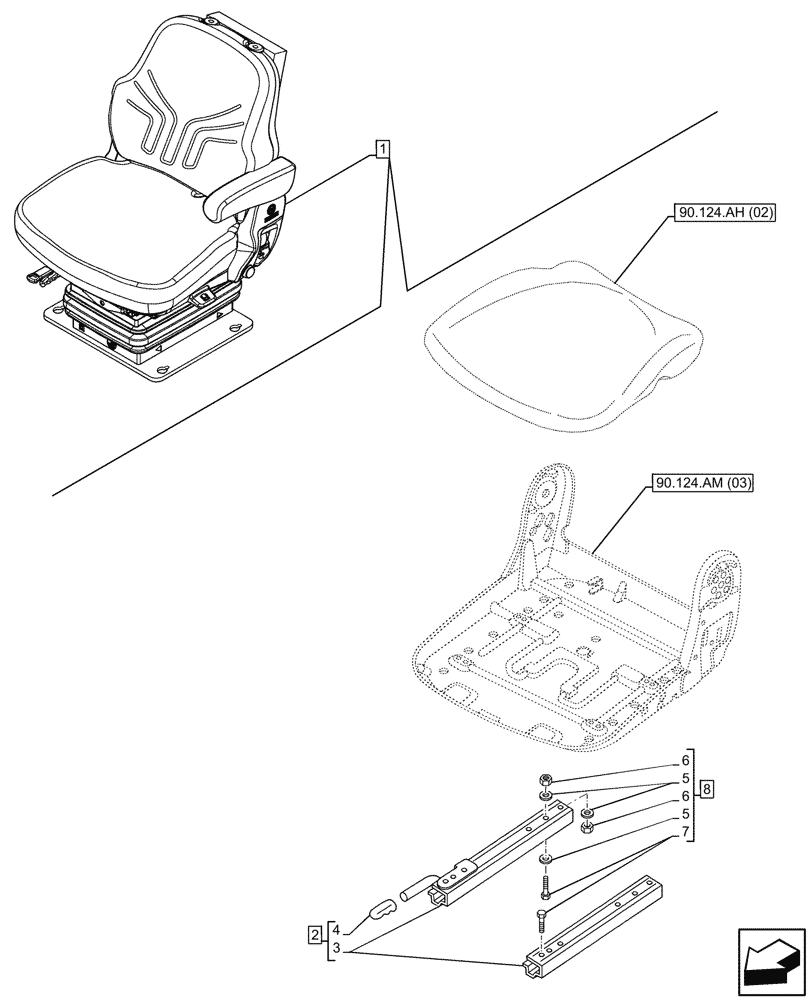 Схема запчастей Case IH MAXXUM 115 - (90.124.AL[02]) - VAR - 391283 - SEAT, AIR SUSPENSION, GUIDE (90) - PLATFORM, CAB, BODYWORK AND DECALS
