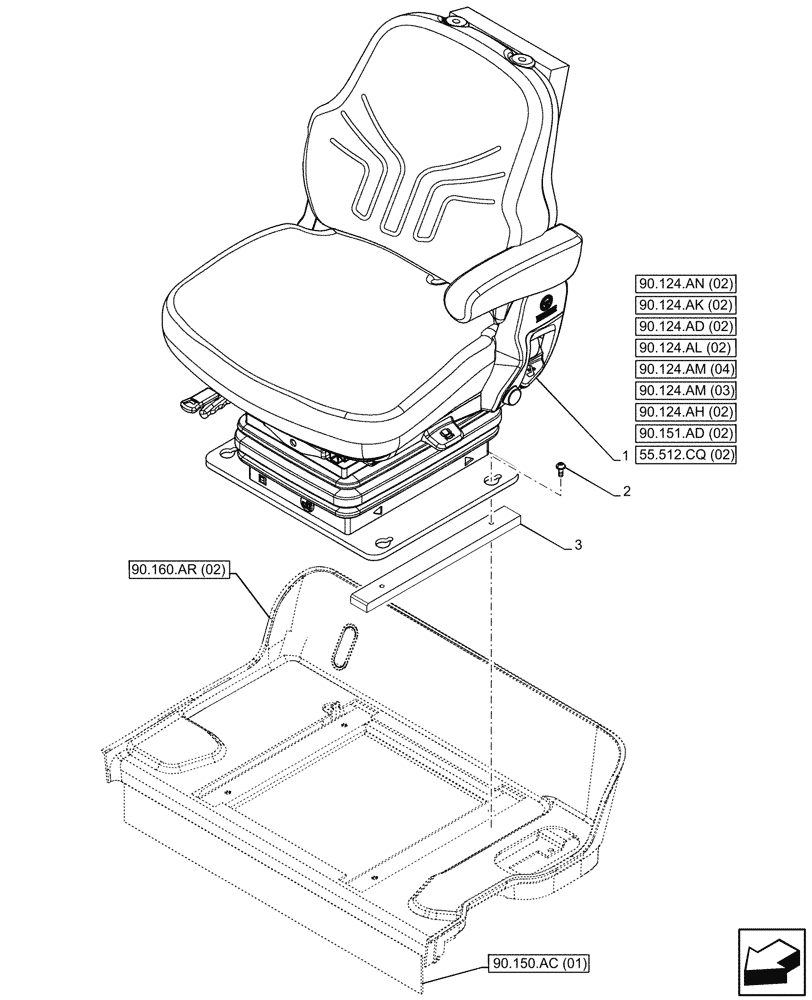 Схема запчастей Case IH MAXXUM 115 - (90.124.AE[02]) - VAR - 391283 - SEAT, AIR SUSPENSION (90) - PLATFORM, CAB, BODYWORK AND DECALS