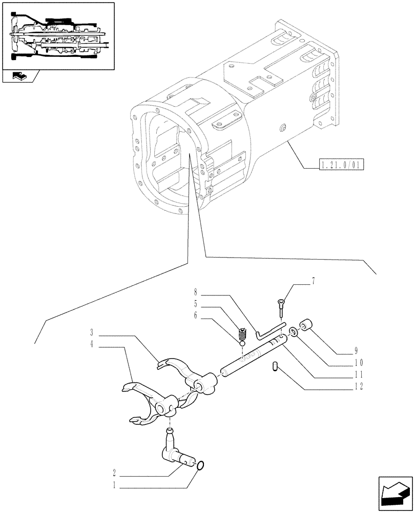 Схема запчастей Case IH FARMALL 90 - (1.29.0/01) - 20X12 TRANSMISSION WITH SYNCHRO SHUTTLE AND CREEPER - ROD AND FORK (VAR.335113-335115-743904) (03) - TRANSMISSION