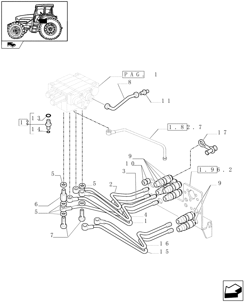 Схема запчастей Case IH FARMALL 85U - (1.82.7/04[02]) - 1 S/D, 1W/FLOAT, 1 W/ FLOAT & AUTOM. CUTOUT DISTRIBUTORS - PIPES AND QUICK COUPLINGS (VAR.330369) (07) - HYDRAULIC SYSTEM