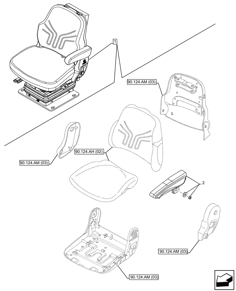 Схема запчастей Case IH MAXXUM 115 - (90.124.AD[02]) - VAR - 391283 - DRIVER SEAT, ARMREST (90) - PLATFORM, CAB, BODYWORK AND DECALS