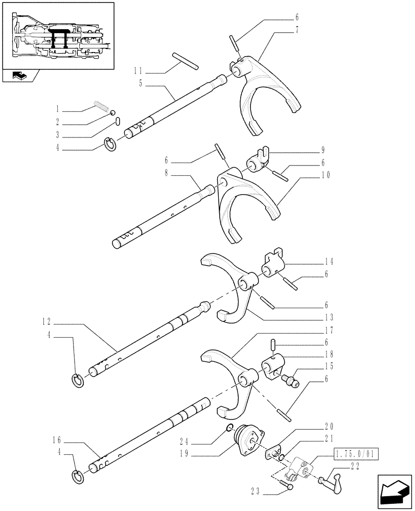 Схема запчастей Case IH FARMALL 65C - (1.29.0) - GEARBOX INNER CONTROLS, RODS AND FORKS (03) - TRANSMISSION