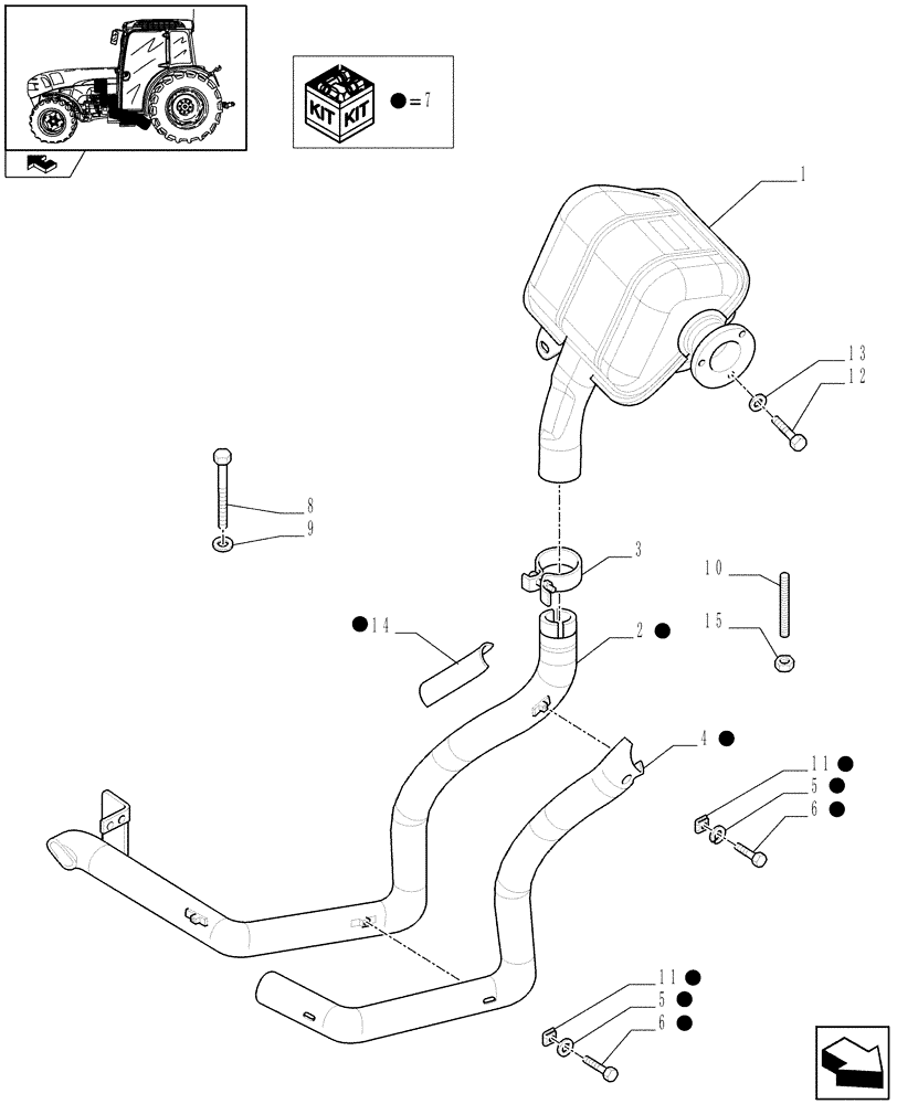 Схема запчастей Case IH FARMALL 95N - (1.15.1/03) - HORIZONTAL EXHAUST WITH GUARD SHIELD (VAR.332150) (02) - ENGINE EQUIPMENT