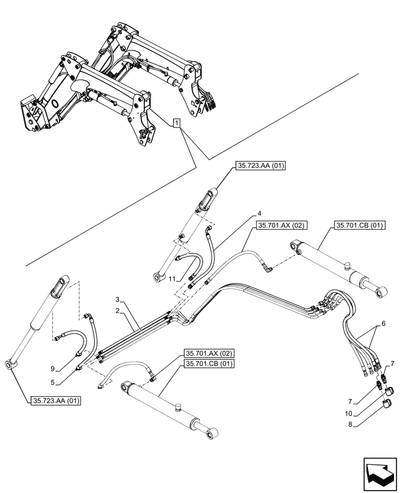 Схема запчастей Case IH FARMALL 100C - (35.723.AB[01]) - VAR - 336734, 336736 - LOADER ARM, BUCKET CYLINDER LINES, W/ SELF-LEVELING (35) - HYDRAULIC SYSTEMS