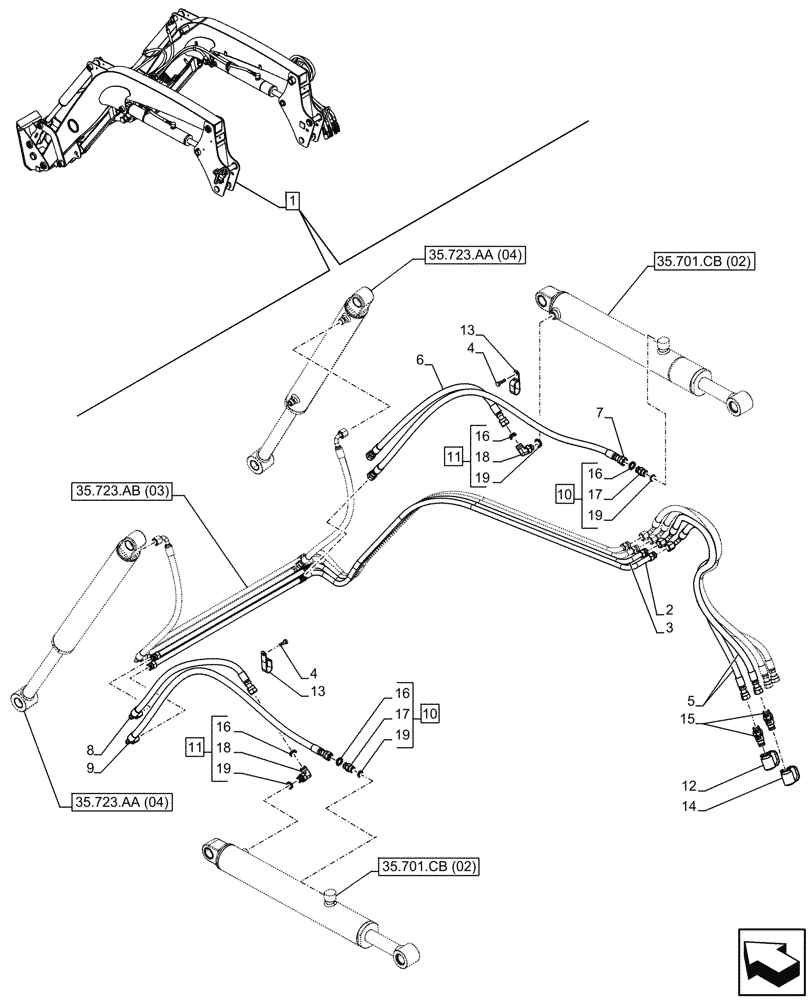 Схема запчастей Case IH FARMALL 100C - (35.701.AX[03]) - VAR - 336732, 336914 - LOADER ARM, BOOM CYLINDER LINES, W/DIVERTER, W/O SELF-LEVELING (35) - HYDRAULIC SYSTEMS