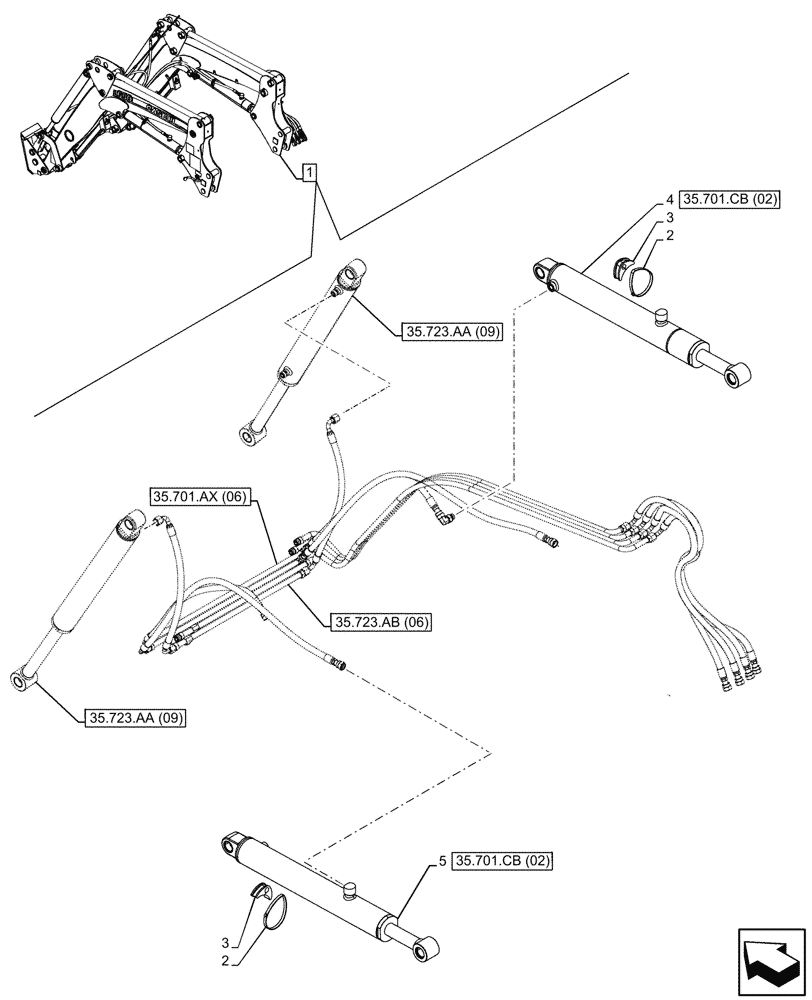 Схема запчастей Case IH FARMALL 120C - (35.701.CB[08]) - VAR - 336744, 336746 - LOADER ARM, BOOM CYLINDER, MOUNTING, W/ SELF-LEVELING (35) - HYDRAULIC SYSTEMS