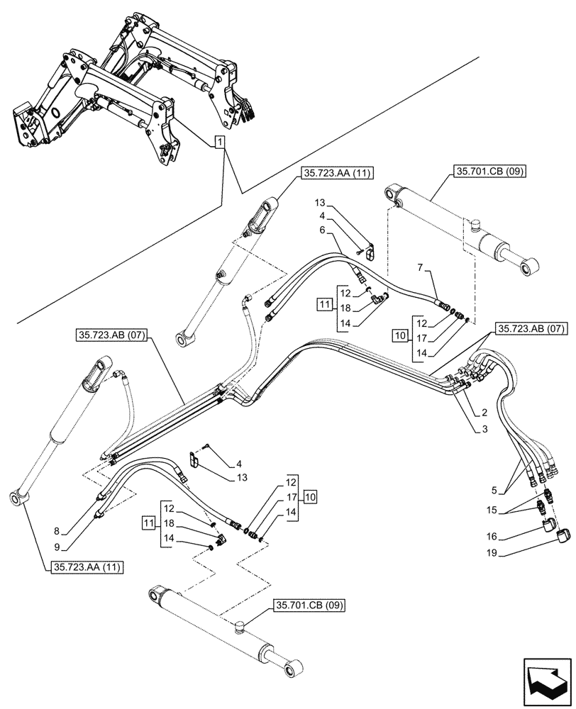 Схема запчастей Case IH FARMALL 120C - (35.701.AX[07]) - VAR - 336744, 336746 - LOADER ARM, BOOM CYLINDER LINES, W/DIVERTER, W/ SELF-LEVELING (35) - HYDRAULIC SYSTEMS