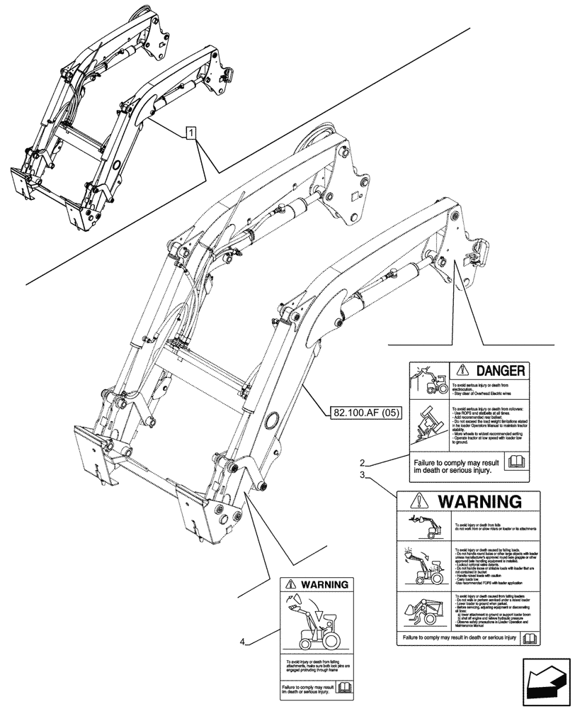 Схема запчастей Case IH FARMALL 120C - (90.108.AC[30]) - VAR - 336734, 336736 - LOADER ARM, WARNING DECAL, W/DIVERTER, W/O SELF-LEVELING (90) - PLATFORM, CAB, BODYWORK AND DECALS