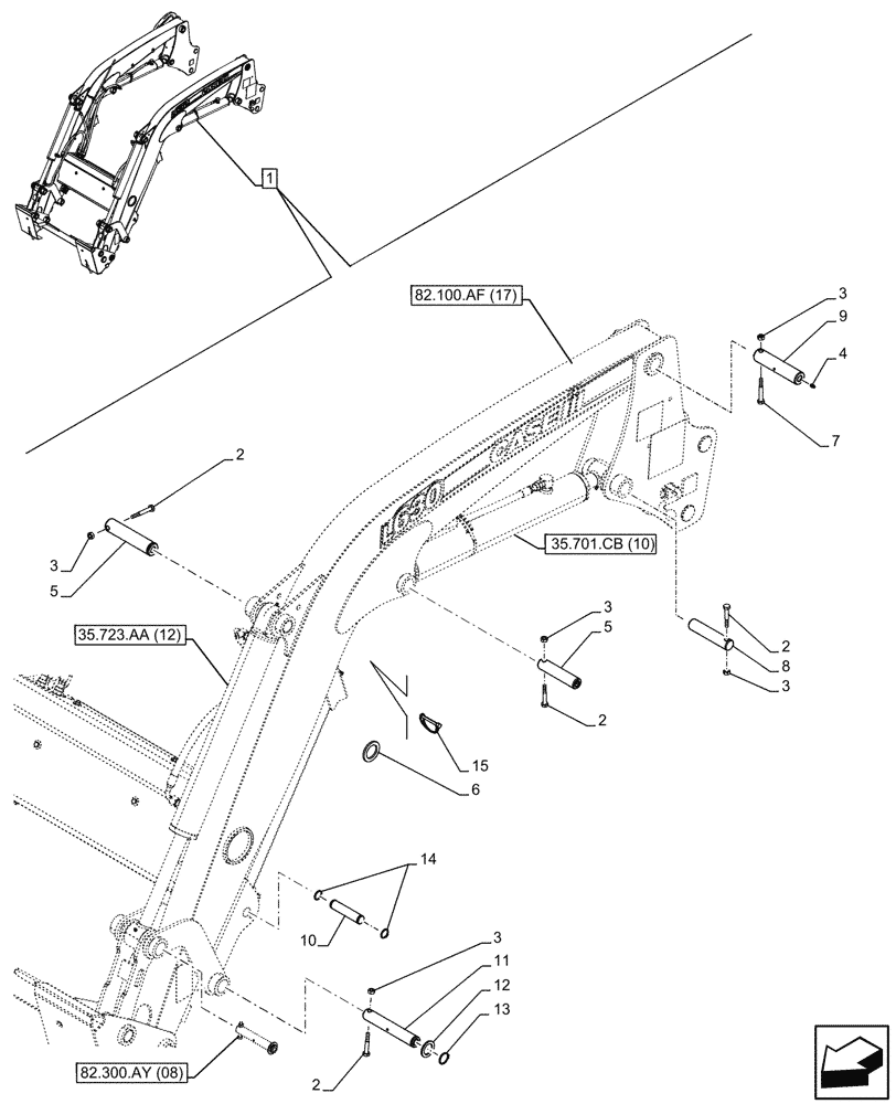 Схема запчастей Case IH FARMALL 90C - (82.100.BG[08]) - VAR - 336740, 336742 - LOADER ARM, PIN, W/ DIVERTER, W/O SELF-LEVELING (82) - FRONT LOADER & BUCKET