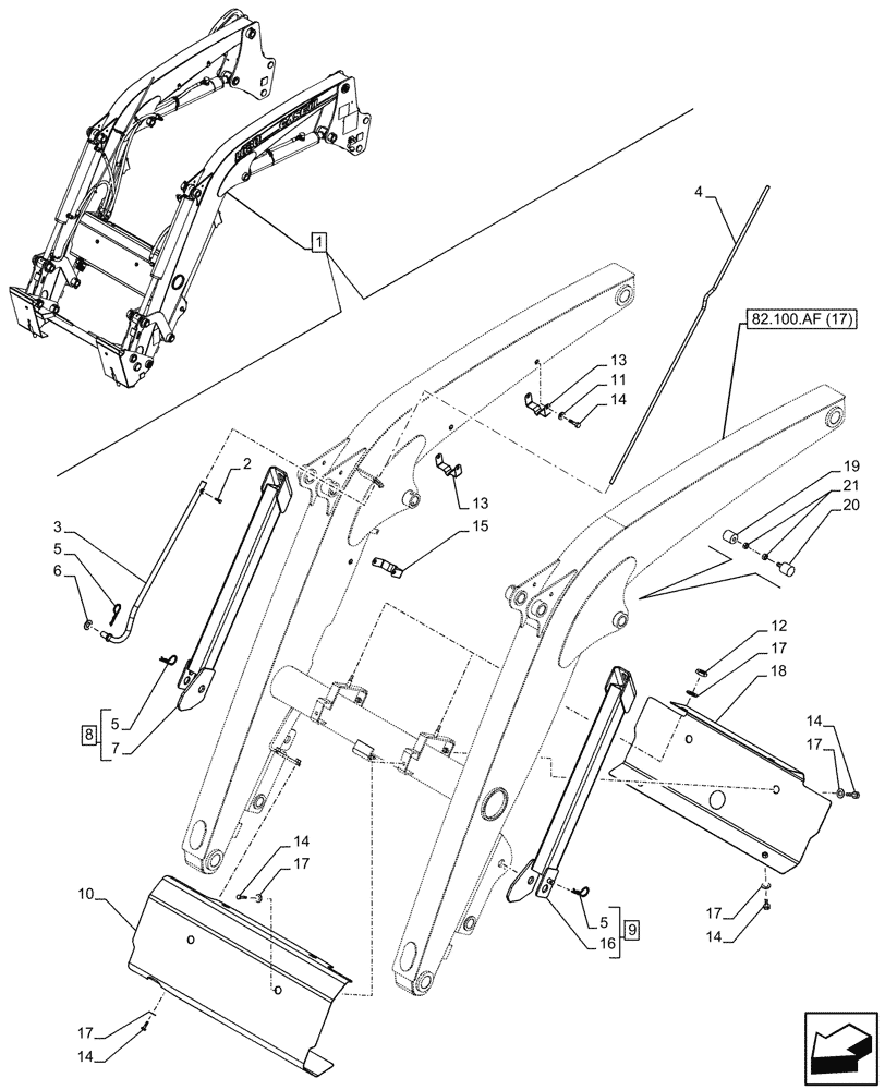 Схема запчастей Case IH FARMALL 120C - (82.100.AF[18]) - VAR - 336740, 336742 - LOADER ARM, LOCKING DEVICE, LEVEL INDICATOR, W/ DIVERTER, W/O SELF-LEVELING (82) - FRONT LOADER & BUCKET