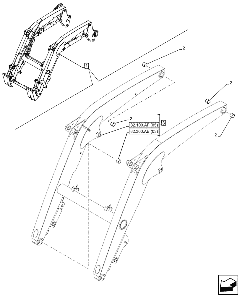 Схема запчастей Case IH FARMALL 110C - (82.100.AA[03]) - VAR - 336732, 336914 - LOADER ARM, BUSHING, W/DIVERTER, W/O SELF-LEVELING (82) - FRONT LOADER & BUCKET