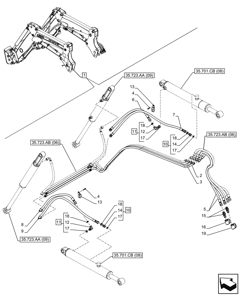 Схема запчастей Case IH FARMALL 110C - (35.701.AX[06]) - VAR - 336744, 336746 - LOADER ARM, BOOM CYLINDER LINES, W/ SELF-LEVELING (35) - HYDRAULIC SYSTEMS