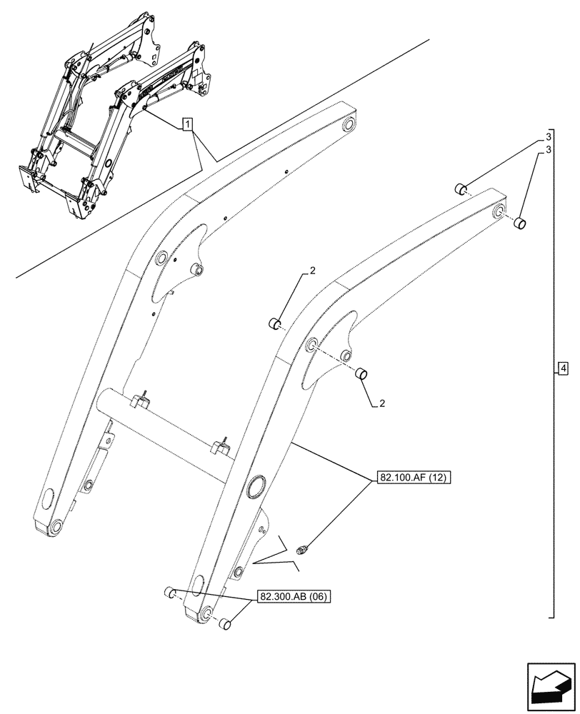 Схема запчастей Case IH FARMALL 90C - (82.100.AA[06]) - VAR - 336744, 336746 - LOADER ARM, BUSHING, W/ SELF LEVELING (82) - FRONT LOADER & BUCKET