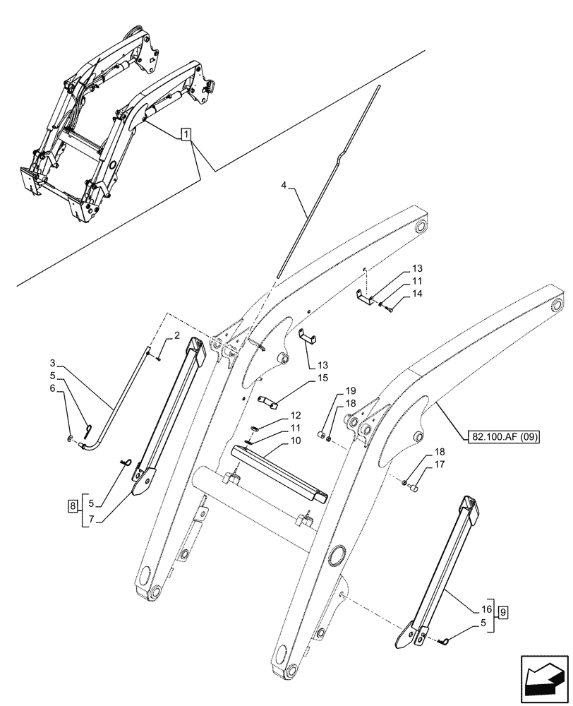 Схема запчастей Case IH FARMALL 100C - (82.100.AF[10]) - VAR - 336740, 336742 - LOADER ARM, LOCKING DEVICE, LEVEL INDICATOR, W/O SELF-LEVELING (82) - FRONT LOADER & BUCKET