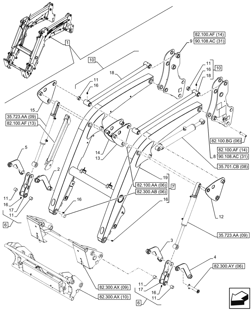 Схема запчастей Case IH FARMALL 100C - (82.100.AF[12]) - VAR - 336744, 336746 - LOADER ARM. ARM/LIFTING DEVICE, W/SELF-LEVELING (82) - FRONT LOADER & BUCKET