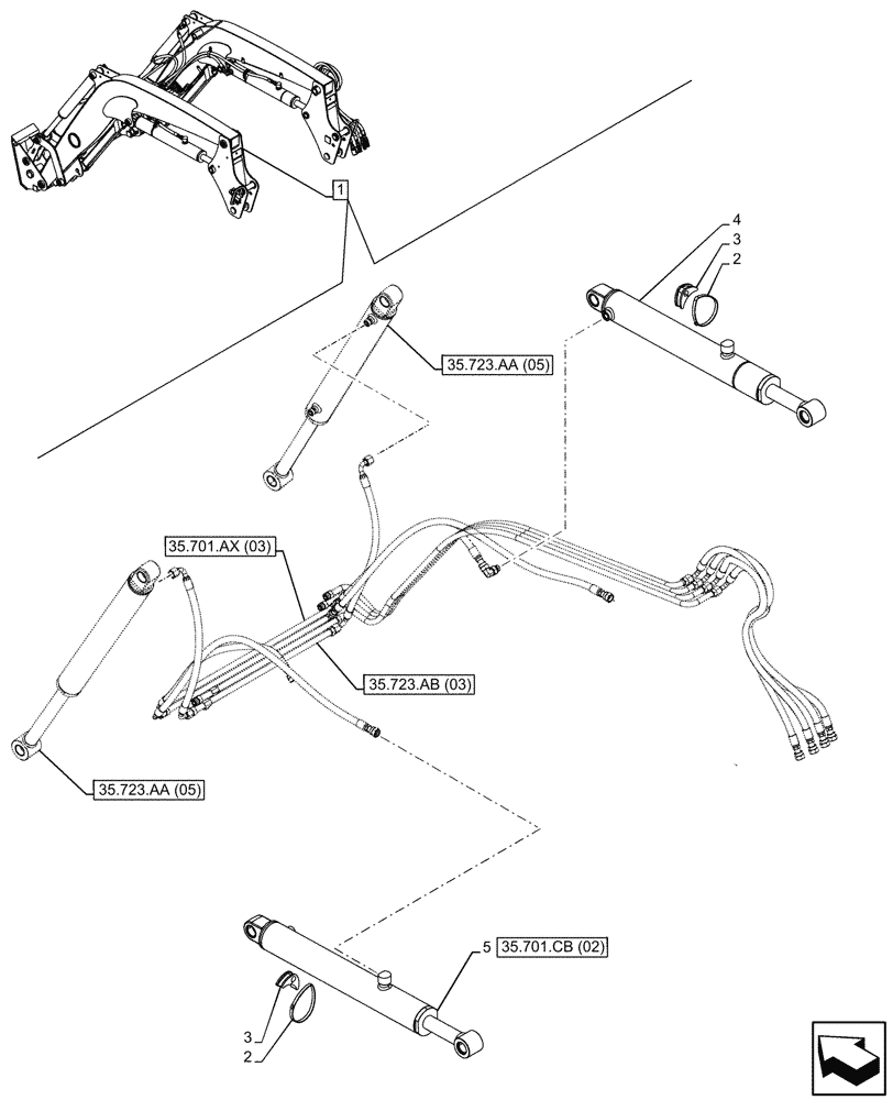 Схема запчастей Case IH FARMALL 120C - (35.701.CB[04]) - VAR - 336732, 336914 - BOOM CYLINDER, MOUNTING, W/DIVERTER, W/O SELF-LEVELING (35) - HYDRAULIC SYSTEMS