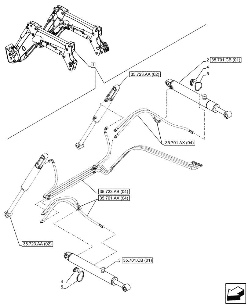 Схема запчастей Case IH FARMALL 120C - (35.701.CB[05]) - VAR - 336734, 336736 - BOOM CYLINDER, MOUNTING, W/DIVERTER, W/ SELF-LEVELING (35) - HYDRAULIC SYSTEMS