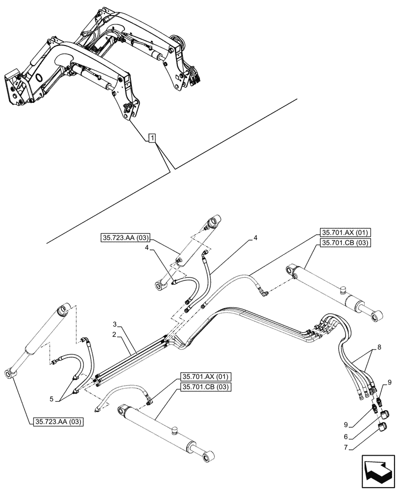 Схема запчастей Case IH FARMALL 120C - (35.723.AB[02]) - VAR - 336732, 336914 - LOADER ARM, BUCKET CYLINDER LINES, W/O SELF-LEVELING (35) - HYDRAULIC SYSTEMS