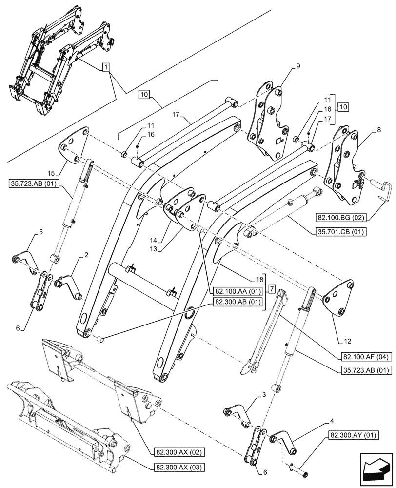 Схема запчастей Case IH FARMALL 90C - (82.100.AF[03]) - VAR - 336734, 336736 - LOADER ARM, ARM/LIFTING DEVICE, W/ SELF-LEVELING (82) - FRONT LOADER & BUCKET