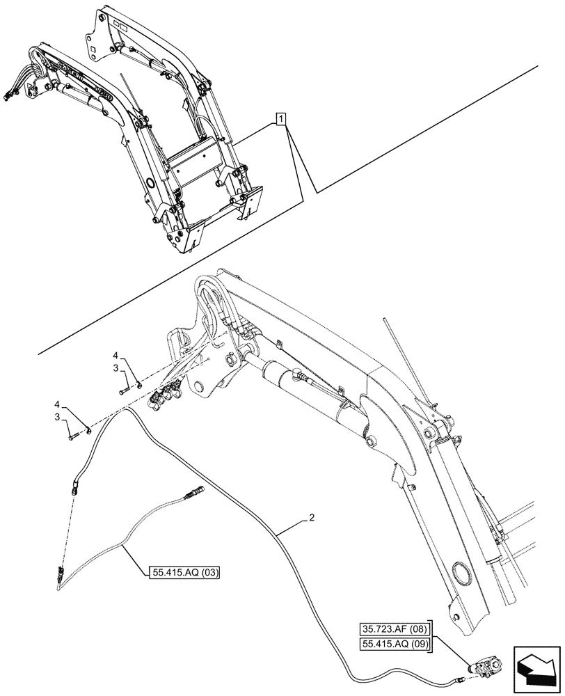 Схема запчастей Case IH FARMALL 100C - (55.415.AQ[08]) - VAR - 336740, 336742 - LOADER ARM, CABLE, W/DIVERTER, W/O SELF-LEVELING (55) - ELECTRICAL SYSTEMS