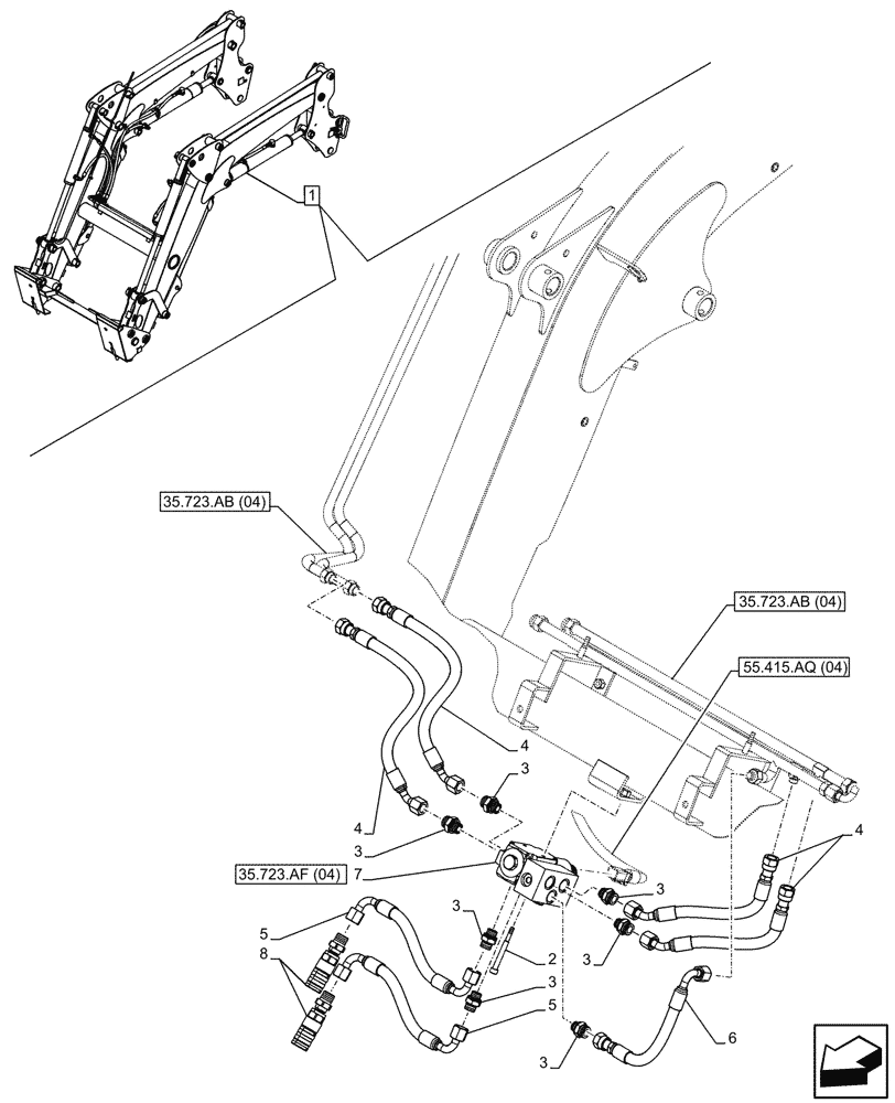 Схема запчастей Case IH FARMALL 100C - (35.723.AF[03]) - VAR - 336734, 336736 - LOADER ARM, BUCKET CYLINDER, VALVE, LINES, W/DIVERTER, W/ SELF-LEVELING (35) - HYDRAULIC SYSTEMS