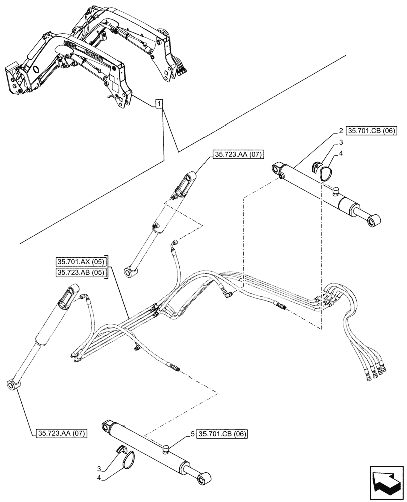 Схема запчастей Case IH FARMALL 120C - (35.701.CB[07]) - VAR - 336740, 336742 - LOADER ARM, BOOM CYLINDER, MOUNTING, W/O SELF-LEVELING (35) - HYDRAULIC SYSTEMS