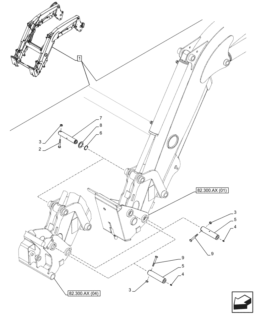 Схема запчастей Case IH FARMALL 100C - (82.300.AY[03]) - VAR - 336732, 336914 - LOADER BUCKET, PIN, W/DIVERTER, W/O SELF-LEVELING (82) - FRONT LOADER & BUCKET