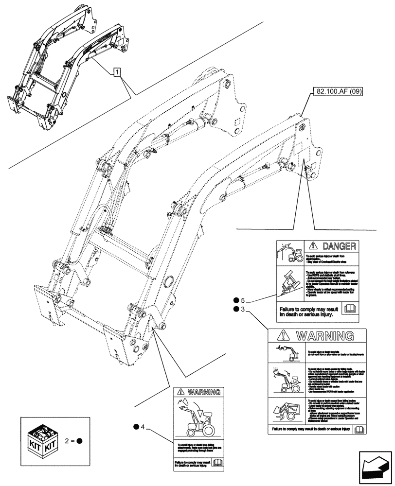 Схема запчастей Case IH FARMALL 110C - (90.108.AC[33]) - VAR - 336744, 336746 - LOADER ARM, WARNING DECAL, W/DIVERTER, W/ SELF-LEVELING (90) - PLATFORM, CAB, BODYWORK AND DECALS