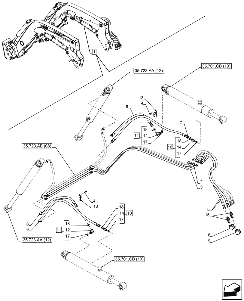 Схема запчастей Case IH FARMALL 110C - (35.701.AX[08]) - VAR - 336740, 336742 - LOADER ARM, BOOM CYLINDER LINES, W/ DIVERTER, W/O SELF-LEVELING (35) - HYDRAULIC SYSTEMS