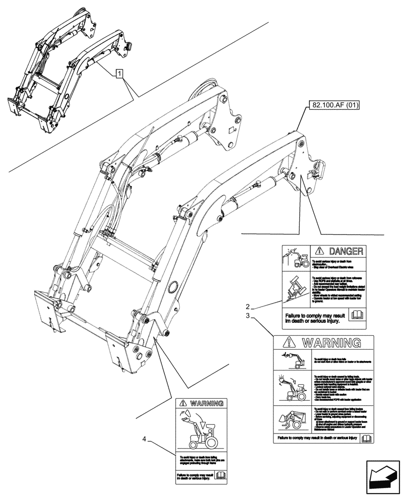 Схема запчастей Case IH FARMALL 100C - (90.108.AC[26]) - VAR - 336732, 336914 - LOADER ARM, WARNING DECAL, W/O SELF-LEVELING (90) - PLATFORM, CAB, BODYWORK AND DECALS