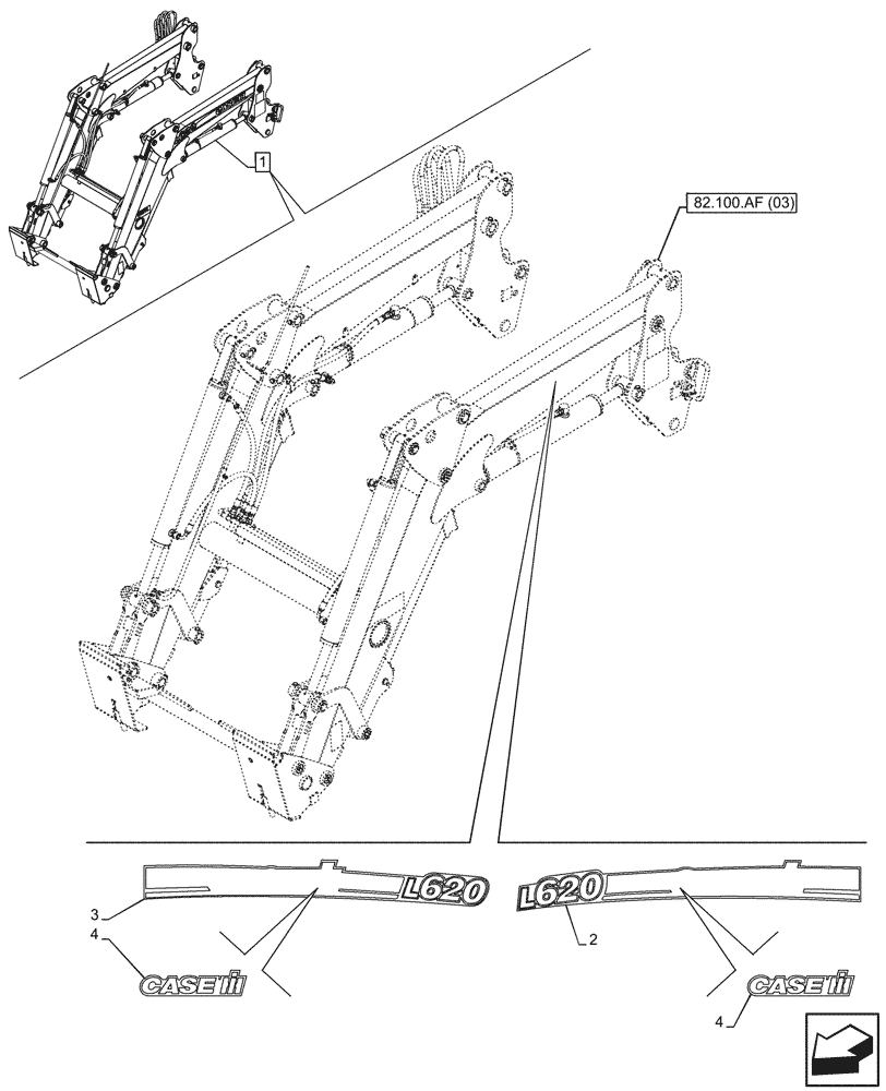 Схема запчастей Case IH FARMALL 110C - (90.108.AB[08]) - VAR - 336734, 336736 - LOADER ARM, MODEL IDENTIFICATION DECAL, W/ SELF-LEVELING (90) - PLATFORM, CAB, BODYWORK AND DECALS