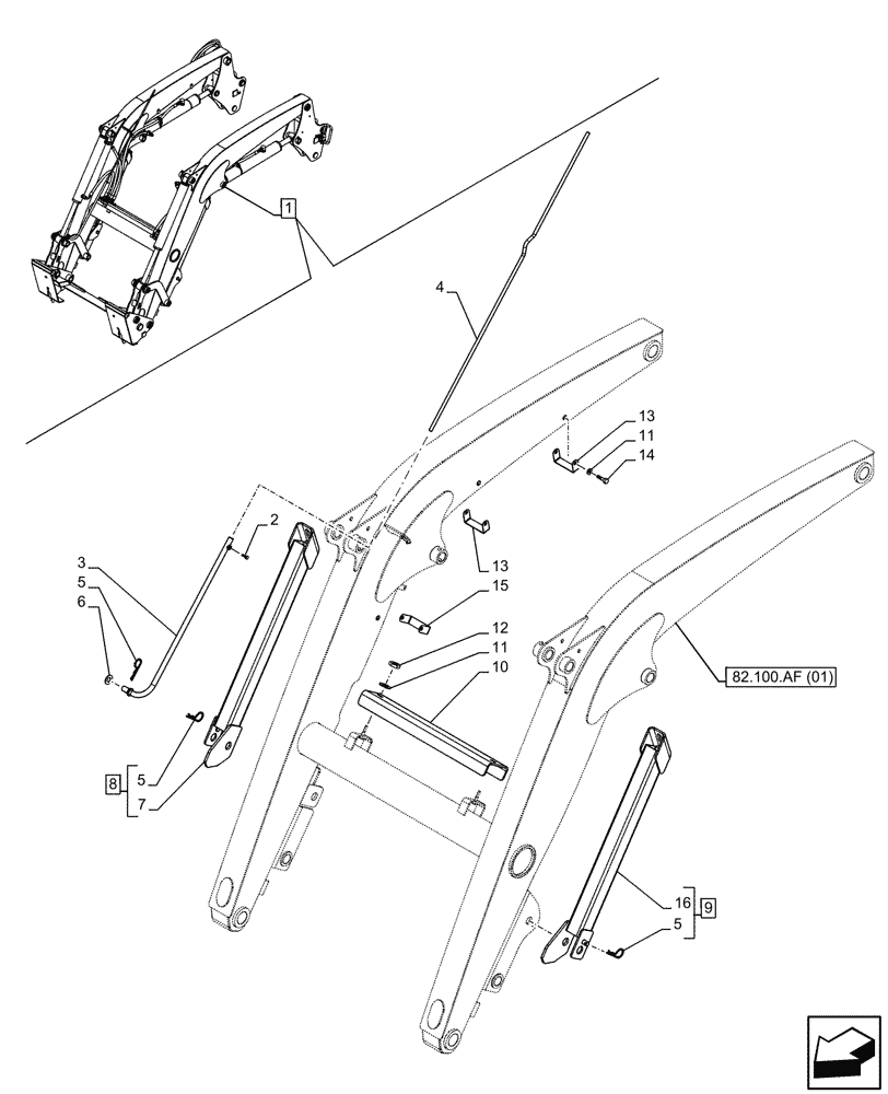 Схема запчастей Case IH FARMALL 110C - (82.100.AF[02]) - VAR - 336732, 336914 - LOADER ARM, LOCKING DEVICE, LEVEL INDICATOR, W/O SELF-LEVELING (82) - FRONT LOADER & BUCKET