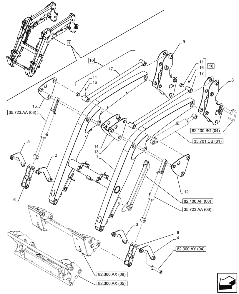 Схема запчастей Case IH FARMALL 90C - (82.100.AF[07]) - VAR - 336734, 336736 - LOADER ARM, ARM/LIFTING DEVICE, W/DIVERTER, W/ SELF-LEVELING (82) - FRONT LOADER & BUCKET