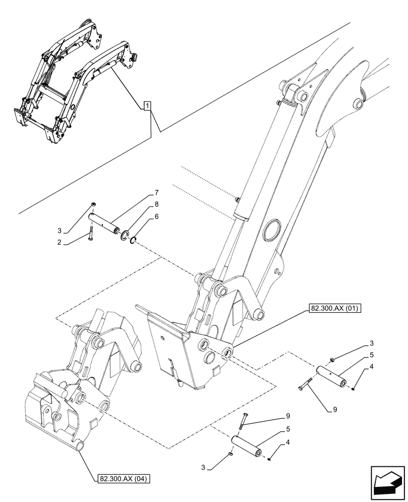 Схема запчастей Case IH FARMALL 110C - (82.300.AY[02]) - VAR - 336732, 336914 - LOADER BUCKET, PIN, W/O SELF-LEVELING (82) - FRONT LOADER & BUCKET