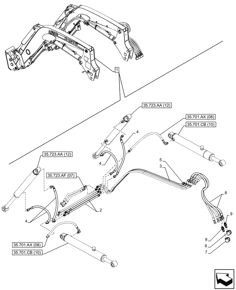 Схема запчастей Case IH FARMALL 120C - (35.723.AB[08]) - VAR - 336740, 336742 - LOADER ARM, BUCKET CYLINDER LINES, W/DIVERTER, W/O SELF-LEVELING (35) - HYDRAULIC SYSTEMS